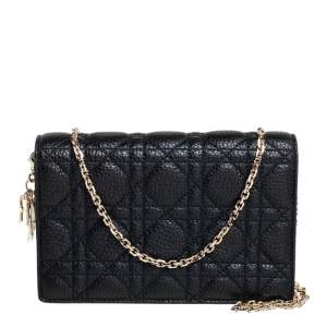 Pre Owned Dior Black Leather Cannage Leather Wallet on Chain