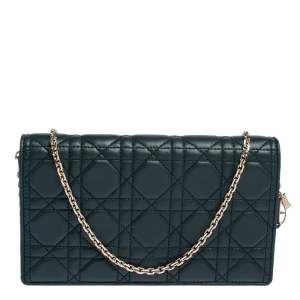 Pre Owned Dior Deep Green Leather Lady Dior Wallet on Chain