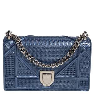 Pre Owned Dior Blue Micro Cannage Patent Leather Mini Diorama Chain Shoulder Bag