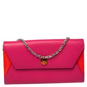 Pre Owned Dior Pink/Orange Leather Addict Rendez-Vous Wallet on Chain