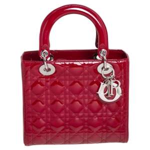 Dior Red Cannage Patent Leather Medium Lady Dior Tote 