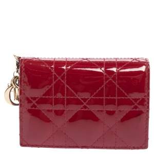 Pre Owned Dior Red Cannage Patent Leather Lady Dior Card Case