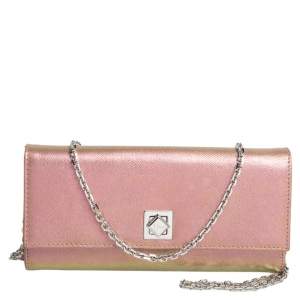 Pre Owned Dior Metallic Pink/Gold Leather Turn Me Dior Wallet On Chain