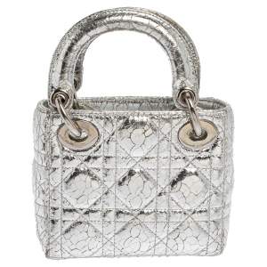 Dior Metallic Silver Cannage Crackled Leather Micro Lady Dior Tote