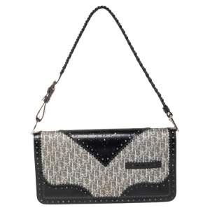 مملوكة مسبقًا Dior Black/Grey Diorissimo Canvas and Leather Braided Strap Flap Baguette