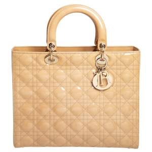 Pre Owned Dior Beige Cannage Patent Leather Large Lady Dior Tote