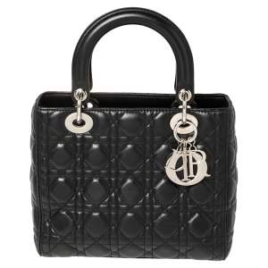 Pre Owned Dior Black Cannage Leather Medium Lady Dior Tote