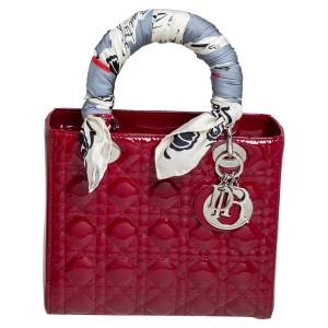 Pre Owned Dior Red Cannage Patent Leather Medium Lady Dior Tote