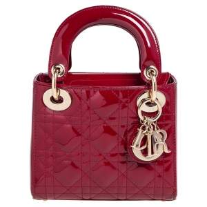 Pre Owned Dior Red Cannage Patent Leather Mini Chain Lady Dior Tote
