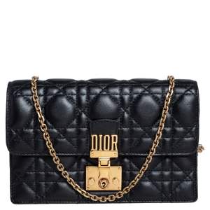 Pre Owned Dior Black Cannage Leather Dioraddict Wallet On Chain