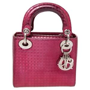 Pre Owned Dior Metallic Hot Pink Micro Cannage Leather Mini Lady Dior Tote