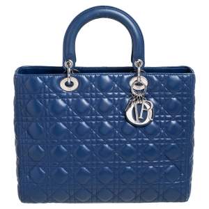 مملوكة مسبقًا حقيبة يد توتس ديور ليدي ديور جلد كاناج أزرق كبيرة   