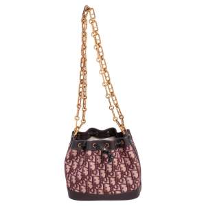 Pre Owned Dior Burgundy Oblique Canvas and Leather Drawstring Chain Bucket Bag