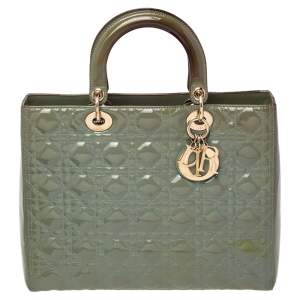 Dior Green Cannage Patent Leather Large Lady Dior Tote