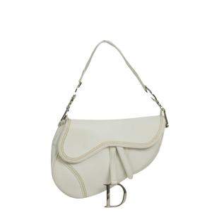 Dior White Latte Grained Leather Saddle Shoulder Bag