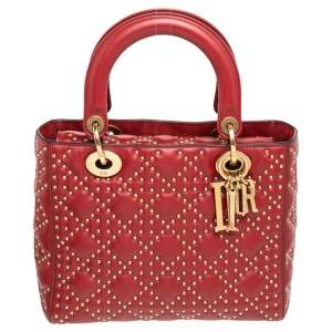 مملوكة مسبقًا Dior Dark Red Leather Medium Studded Supple Lady Dior Tote
