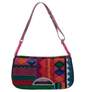 Pre Owned Dior Multicolor Embroidered Beads And Denim Flap Shoulder bag