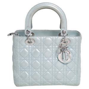 Dior Light Blue Cannage Shimmery Leather Medium Lady Dior Tote