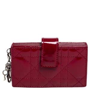 Pre Owned Dior Red Cannage Patent Leather Lady Dior Gusset Card Case