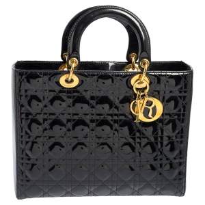 م ملوكة مسبقًا حقيبة يد ديور ليدي ديور كبيرة جلد لامع مبطنة كاناج سوداء 