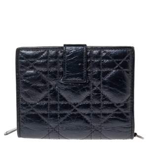 Pre Owned Dior Metallic Midnight Blue Cannage Quilted Leather Compact French Wallet