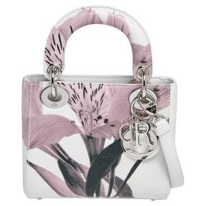 مملوكة مسبقًا حقيبة يد ديور ميني ليدي ديور جلد طباعة زهور أبيض