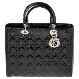 Pre Owned Dior Black Cannage Patent Leather Large Lady Dior Tote