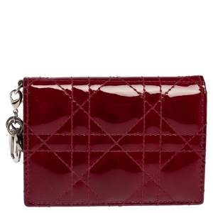 Pre Owned Dior Maroon Cannage Patent Leather Lady Dior Flap Card Holder