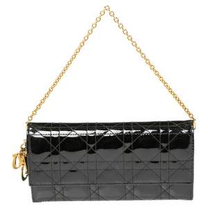 Pre Owned Dior Black Cannage Patent Leather Lady Dior Wallet On Chain