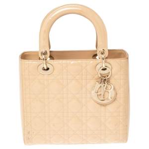 مملوكة مسبقًا Dior Beige Cannage Patent Leather Medium Lady Dior Tote