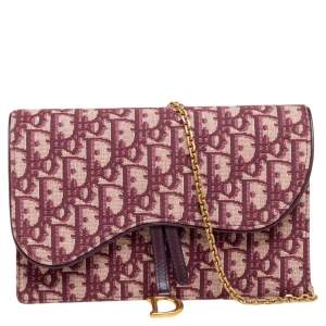Pre Owned Dior Burgundy Oblique Canvas and Leather Saddle Wallet On Chain