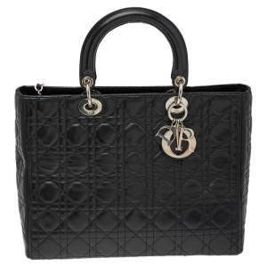 Pre Owned Dior Black Cannage Leather Large Lady Dior Tote