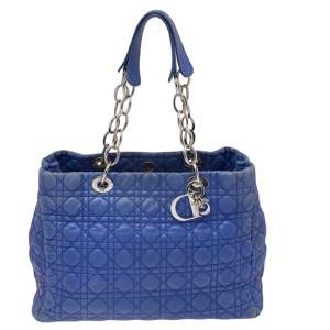 Pre Owned Dior Blue Cannage Leather Large Soft Lady Dior Shopping Tote