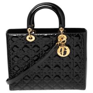 Dior Black Cannage Quilted Patent Leather Large Lady Dior Tote
