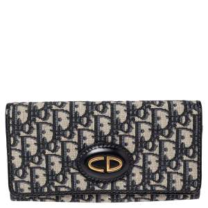 Pre Owned Dior Blue Oblique Canvas and Leather Flap Wallet On Chain