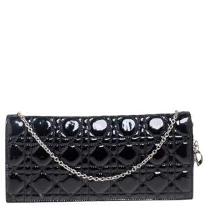 Pre Owned Dior Black Quilted Cannage Patent Leather Lady Dior Chain Clutch
