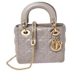 Pre Owned Dior Grey Cannage Leather Mini Chain Lady Dior Tote