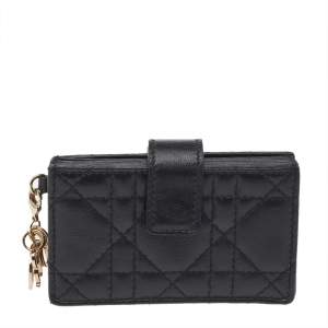 Pre Owned حافظة بطاقات ديور ليدي ديور 5 غوسيت جلد لامع كاناج أسود 