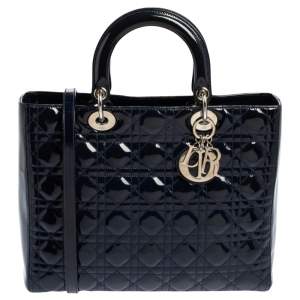 Dior Midnight Blue Cannage Patent Leather Large Lady Dior Tote