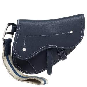 Pre Owned Dior Navy Blue Leather Saddle Wristlet Clutch