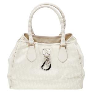 Pre Owned Christian Dior White-Cream Canvas And Leather Diorissimo Small Lovely Tote
