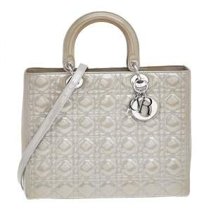 Dior Grey Cannage Patent Leather Large Lady Dior Tote