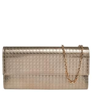 Pre Owned Dior Metallic Gold Microcannage Patent Leather Croisiere Wallet On Chain