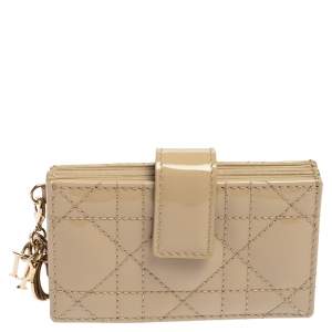 Pre Owned Dior Beige Cannage Patent Leather And Leather Lady Dior 5 Gusset Card Holder