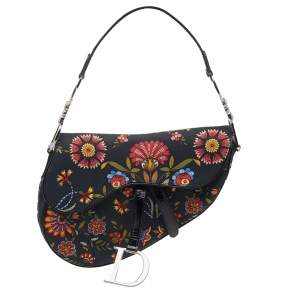 Pre Owned Dior Black Canvas And Leather Vintage Floral Print Saddle Bag