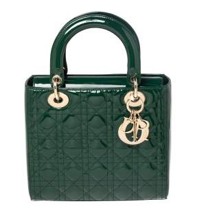 Pre Owned Dior Green Cannage Patent Leather Medium Lady Dior Tote