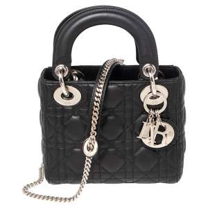 Pre Owned Dior Black Cannage Leather Mini Lady Dior Tote