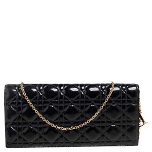 Dior Black Cannage Quilted Patent Leather Lady Dior Chain Clutch