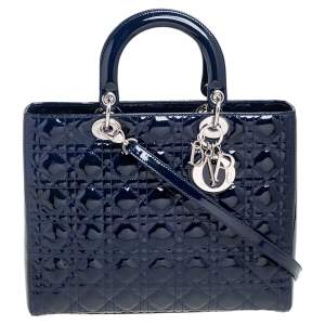Pre Owned Dior Navy Blue Cannage Patent Leather Large Lady Dior Tote