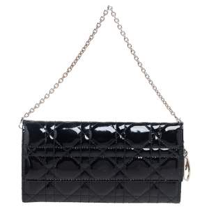 Pre Owned Dior Black Cannage Patent Leather Lady Dior Wallet on Chain